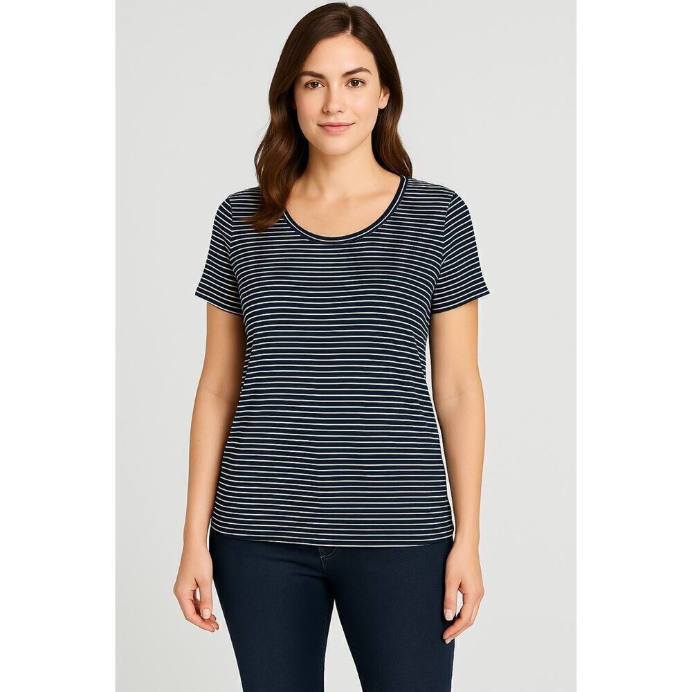 Womens Relaxed Fit Navy and White Scoop Neck Stripe Tee – Size Large | NWT